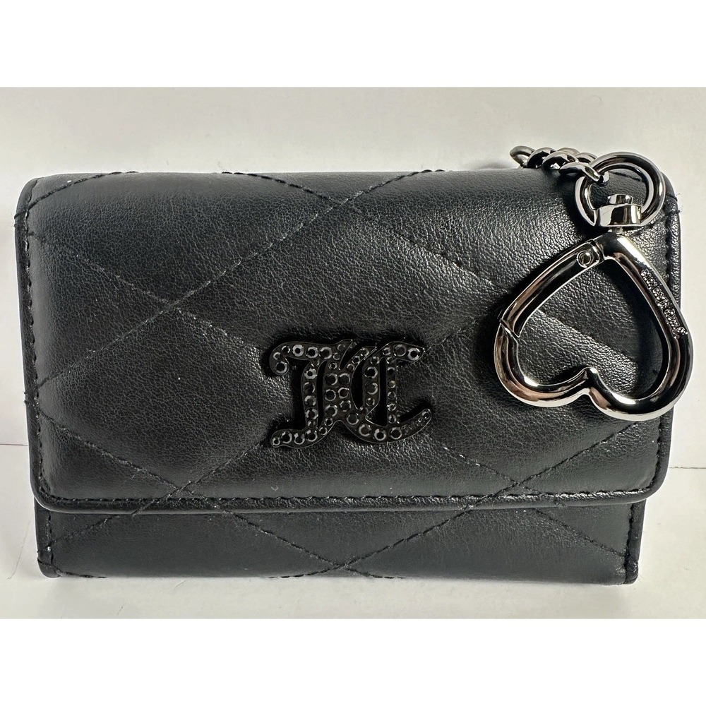 Juicy Couture Black Quilted Trifold Wallet Rhinestone JC Logo Heart Keychain